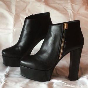 Giuseppe Zanotti, Black Leather 6+ inch platform block heeled boot.